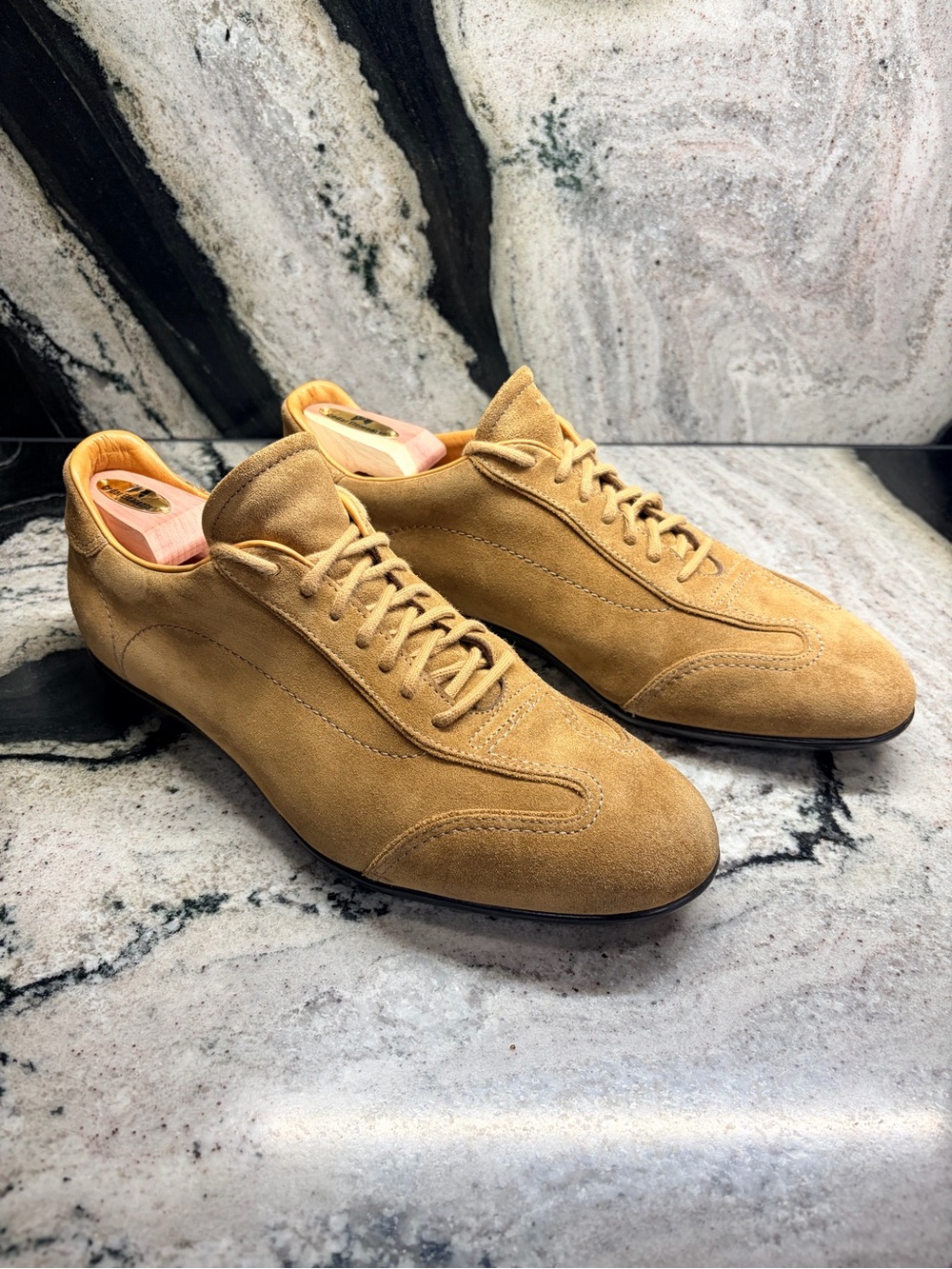 Santoni Menโs 10.5 Tan Suede Leather Sneakers Made Italy Luxury Shoes